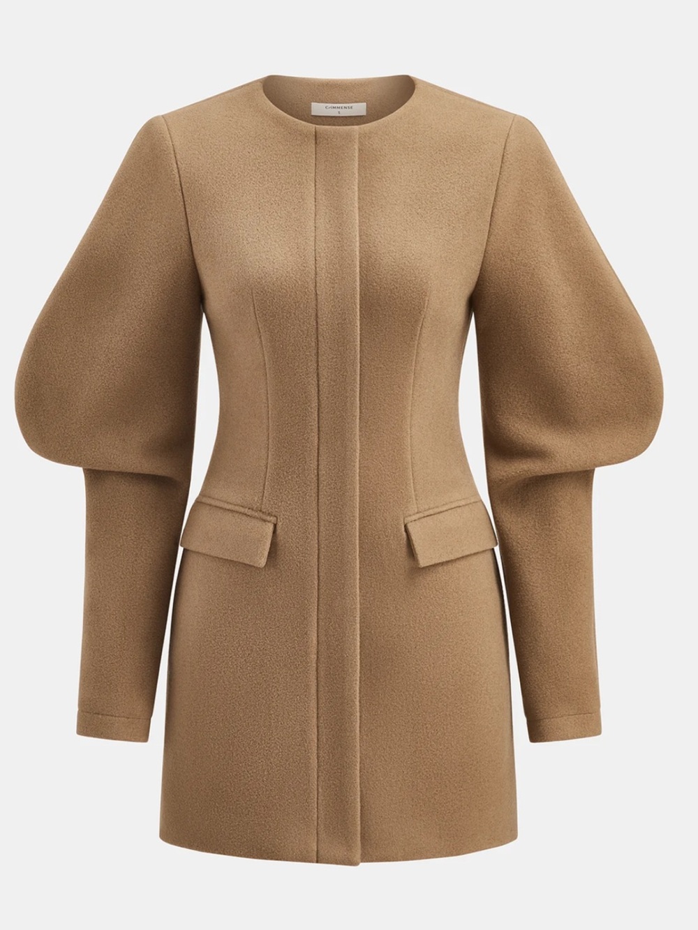 Commense Structured Puff-Sleeve Wool Blend Dress Coat in Camel - Picture 2 of 6